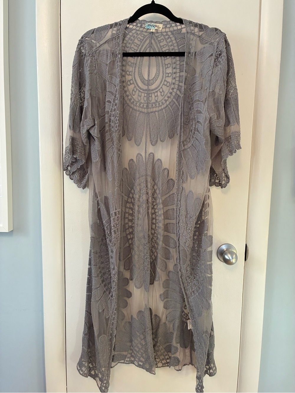 Rebellion Sheer Lace Long Sleeve Duster in Gray